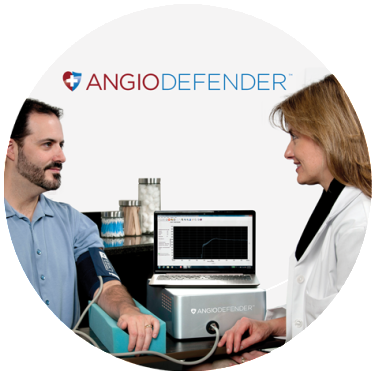 Doctor telling AngioDefender test results to male patient.