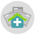 Hospital and document icon.