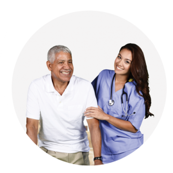 Nurse holding senior man's arm, both smiling.