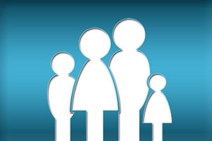 Four White Stick Figures Representing A Family On A Blue Background.