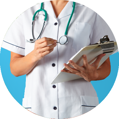Registered nurse holding patient's chart on clipboard.