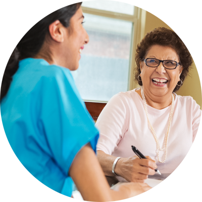 Social worker talking to client.