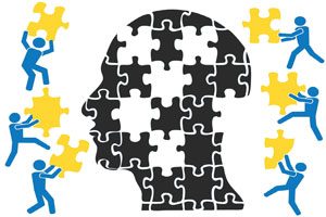 Illustration Of Dementia: Blue Stick Figures Holding Puzzle Pieces And Head Made Out Of Puzzle Pieces.