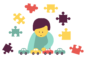Autistic Child Playing With Cars, Surrounded With Puzzle Pieces. Graphic.