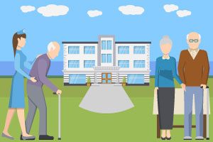Nurse Helping Senior Man Walk And Senior Couple, All Standing In Front Of Long-term Care Home/retirement Home. Graphic.