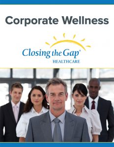 Closing the Gap Healthcare Corporate Wellness Brochure front: text reads "Corporate Wellness", CTG logo and group of business people.