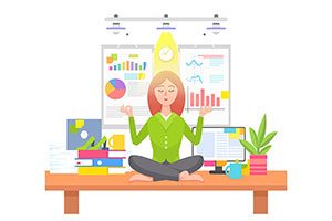 Corporate Wellness Activity: Woman Meditating On Office Desk Beside Desktop, Books And Coffee Mugs. Graphic.