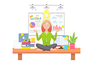 Corporate Wellness Activity: Woman Meditating On Office Desk Beside Desktop, Books And Coffee Mugs. Graphic.