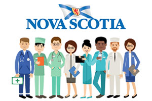 Nova Scotia Healthcare System Logo And A Group Of Healthcare Professionals.