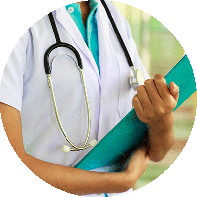 Close-up of nurse holding file.