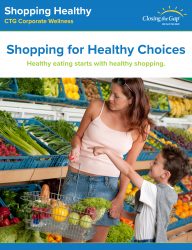 Shopping Healthy poster: Words that read "Shopping for Healthy Choices", "Healthy eating starts with healthy shopping" placed on top of image: mom and kid shopping for veggies & fruits in supermarket.